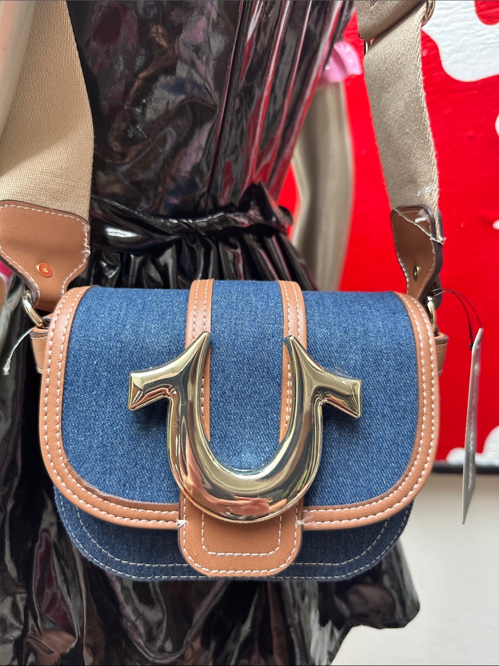 ⚡️True Religion Designer-Inspired Denim Crossbody Bag with Brown Trim
